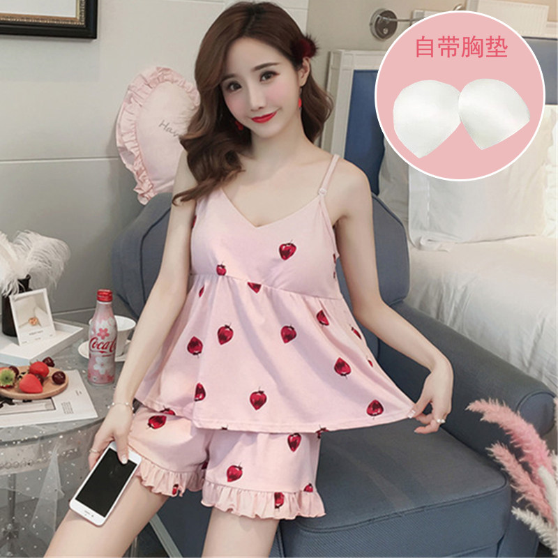 Pajamas women's spring and summer short-sleeved cotton sling two-piece suit Korean version fresh loose with chest pad student home clothes