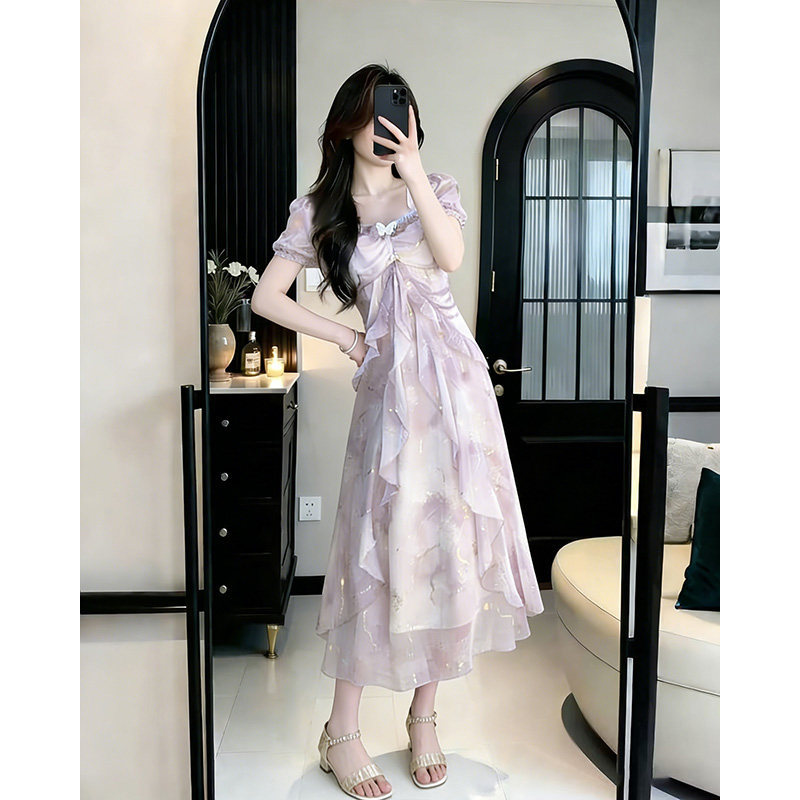 Plus-Size Women's Elegant Holiday-Style Purple Dress, Summer Dress for Chubby Women, Waist-Cinching, Slimming, Super Fairy-Like Long Dress
