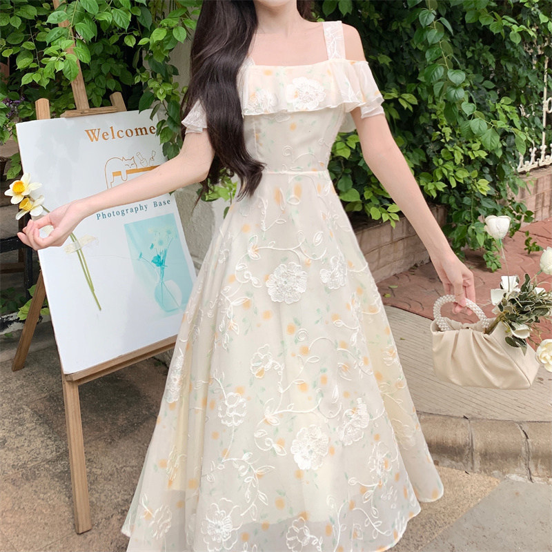 French-Style Off-Shoulder Dress for Women, Summer Plus Size, Elegant and Gentle Style, Floral Embroidered Long Dress