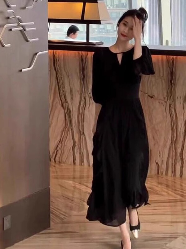 French Hepburn Style Black Dress for Women, Summer Wear, Plus Size, Slightly Chubby, Socialite Temperament, Slimming, Age-Reducing Chiffon Long Dress
