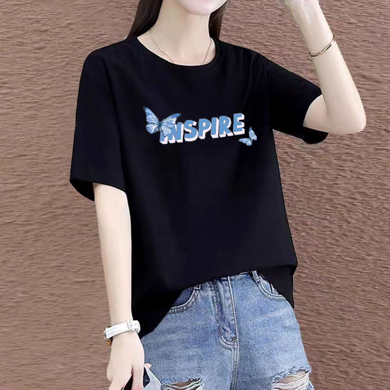 Women's T-Shirt Short Sleeve 2026 New Style Pure Cotton Black Half-Sleeve Slit Top Regular Shoulder Round Neck Women's T-Shirt