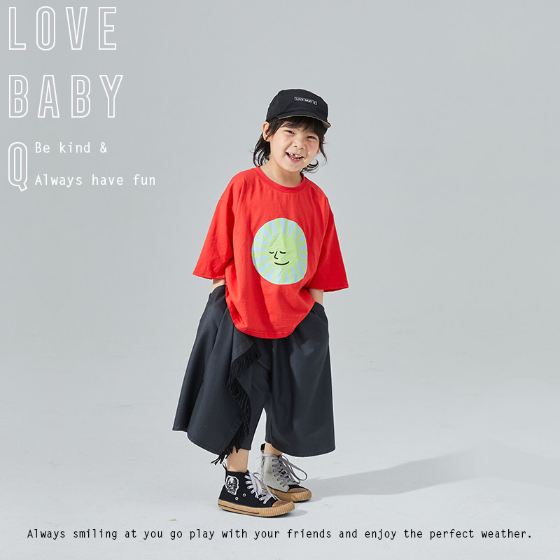 LBQ original child clothing distinctive butterfly sleeve short sleeve casual T-shirt pure cotton double-sided printed male and female