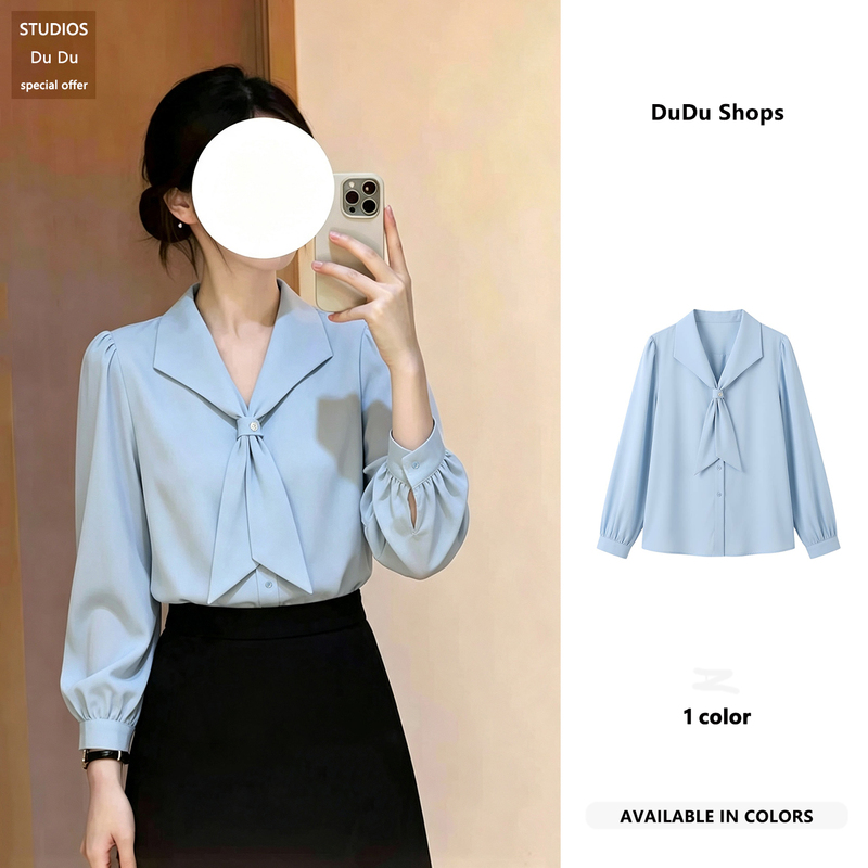 Autumn New Style Commuting Professional Interview Formal Wear Chiffon Blue Shirt Long-Sleeved Ribbon Teacher Civil Servant Shirt for Women Autumn New Style Commuting Professional Interview Formal Wear Chiffon Blue Shirt Long-Sleeved Ribbon Teacher Civil Servant Shirt for Women