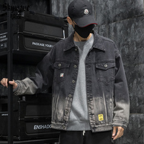 Shock wave brand gradient washed denim jacket mens loose plus fat plus size fat hip hop tooling casual jacket