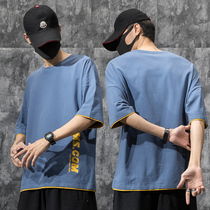 Shocking waves contrast color fake two-piece short-sleeved t-shirt mens loose casual plus fat plus size fat hip-hop half-sleeved top tide