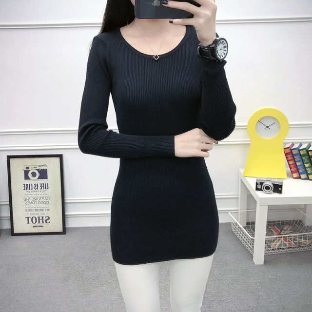 Korean version of simple long-sleeved pullover round neck sweater women's sweater mid-length tight-fitting elastic bottoming shirt autumn and winter tops