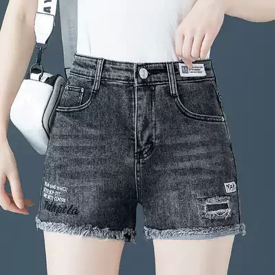 High-waisted denim shorts women's summer thin 2021 New Korean version of loose embroidered women's pants slim smoky gray pants