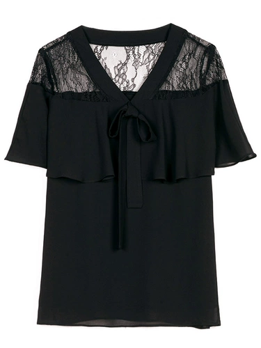 Черная шифоновая летняя мини-юбка, летний кружевной топ, рубашка, V-образный вырез, короткий рукав