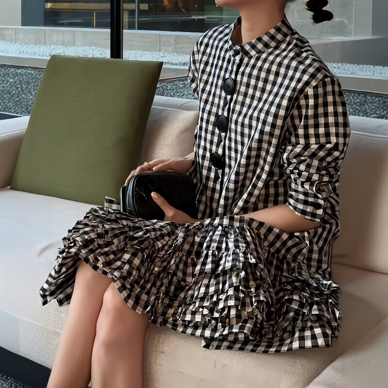 French-Style Unique Black and White Plaid Dress for Women, Spring 2026 New Niche Stylish Long-Sleeve Shirt Dress