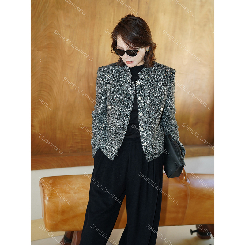 Jiaoye Shiieell【Elegant Starlight】French-Style Wool Tweed Jacket for Women with Stand Collar and Short Thick Tweed Coat