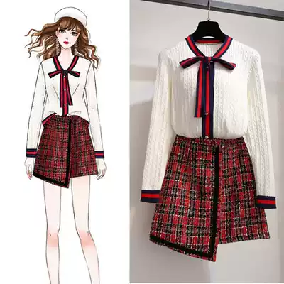 Heavy industry sweater suit loose outer wear bottoming lazy Western school college style with skirt net red two-piece autumn and winter