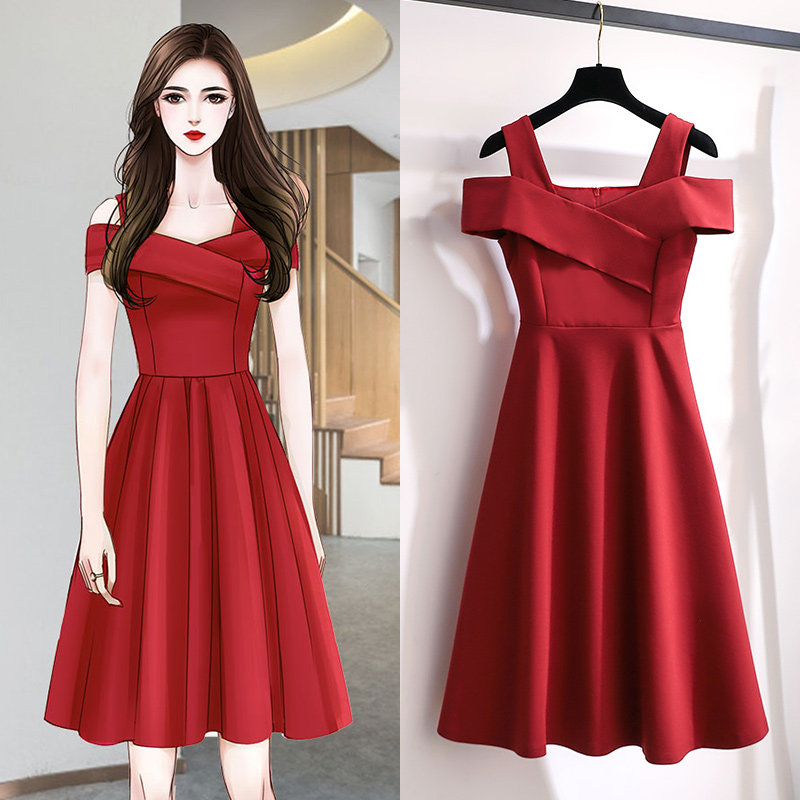 Advanced French style spring and summer new red harness ocean dress with little subtemperament sexy gown dress The dress normally can be worn