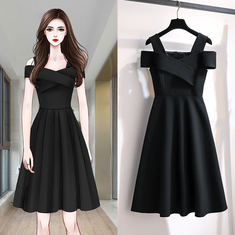 High-end temperament harness lined with shoulder foreign dress 2022 Summer new small Sexy Gown Heben Black Dress