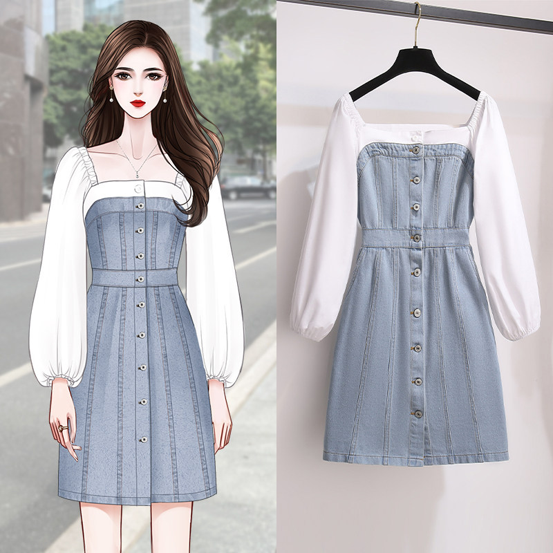 Stitching French dress spring and autumn 2021 early spring new women's clothing design sense niche denim fake two-piece skirt