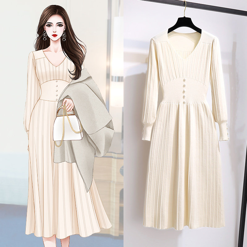 Fried Street Gentle Ensemble Wearing Matching Big Coat Long Skirt New style Body Slim Knit in the Knitted Dress Lady Autumn Winter