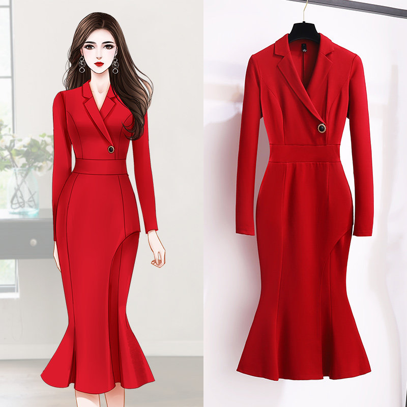 High-end new temperament Goddess Fan clothes for women autumn and winter workout with slim red gown with long version of fish tail dress