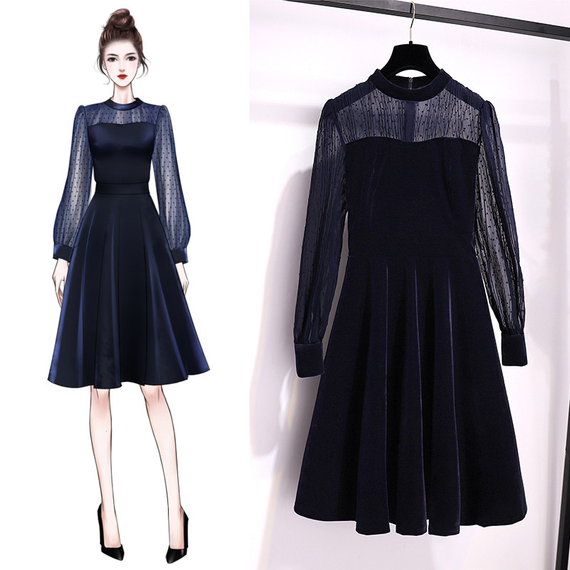 Noble foreign school French new temperament small black dress small man a word small dress Gold velvet dress women autumn and winter