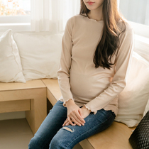 Maternity dress spring and autumn fashion wooden ear half high neck T-shirt modal no trace long sleeve slim base shirt top T