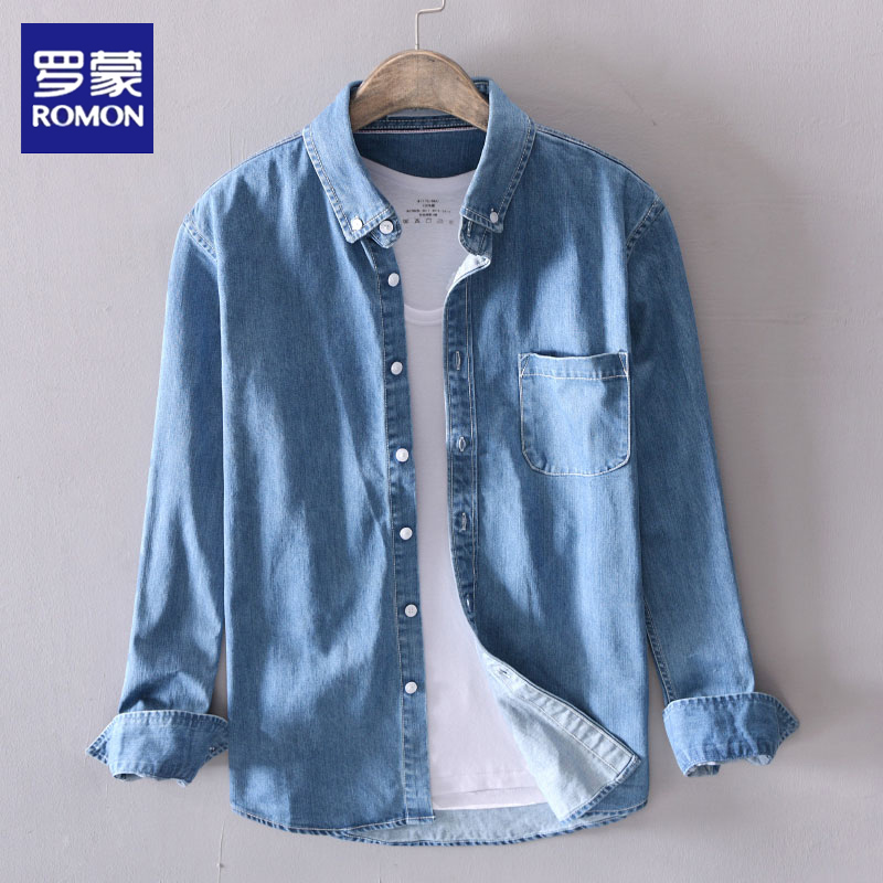 Romon Men's Denim Long-Sleeve Shirt, Spring and Autumn Japanese Casual Trendy Versatile Top, Pure Cotton Shirt Jacket