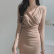 Autumn and winter Korean temperament elastic V-neck pleated straps long-sleeved self-cultivation slim bottoming waist long dress women