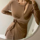 Lace-up knotted irregular round neck sexy stretch slit slim long-sleeved off-the-shoulder knitted dress women's autumn and winter