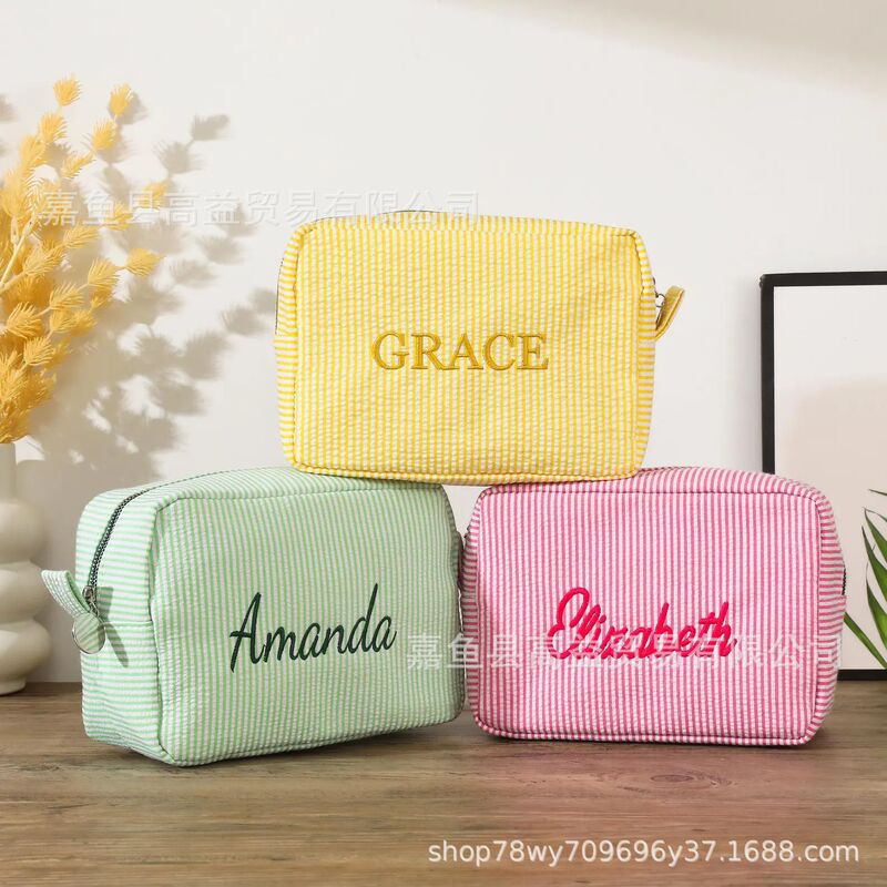 Etsy Personalized Embroidered Striped Seersucker Cosmetic Bag Portable Toiletry Storage Travel Business Trip Etsy Personalized Embroidered Striped Seersucker Cosmetic Bag Portable Toiletry Storage Travel Business Trip