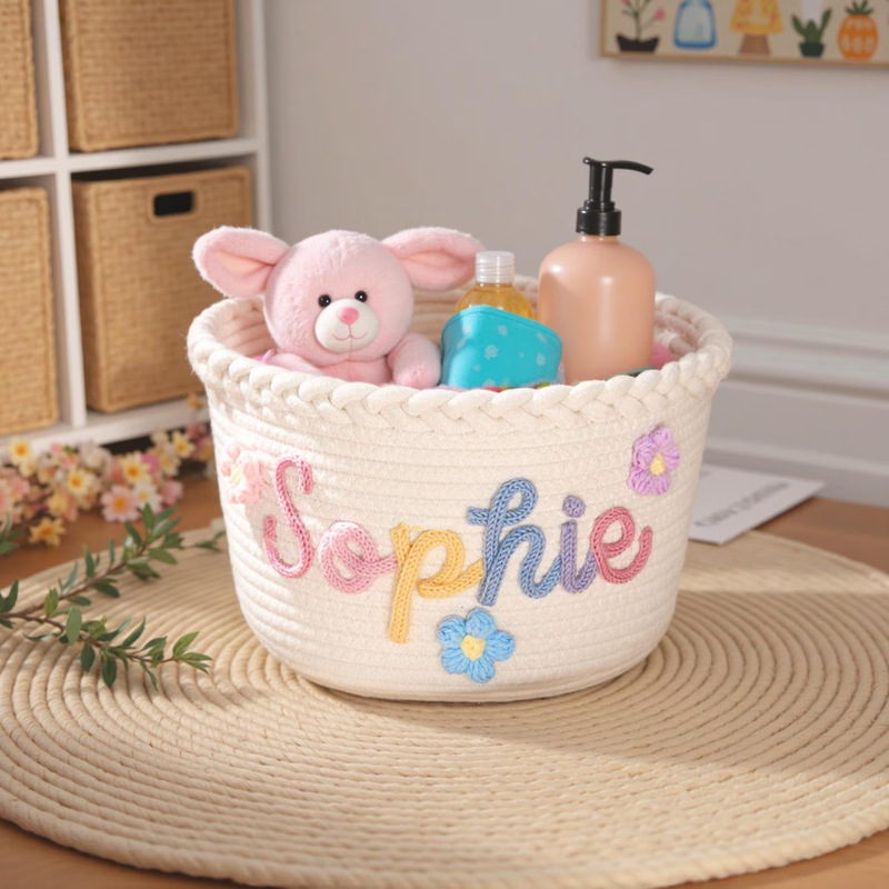Etsy Thick Yarn Personalized Name Tag Round Braided Gift Packaging Basket Cotton Rope Flower Pot Toy Storage Basket