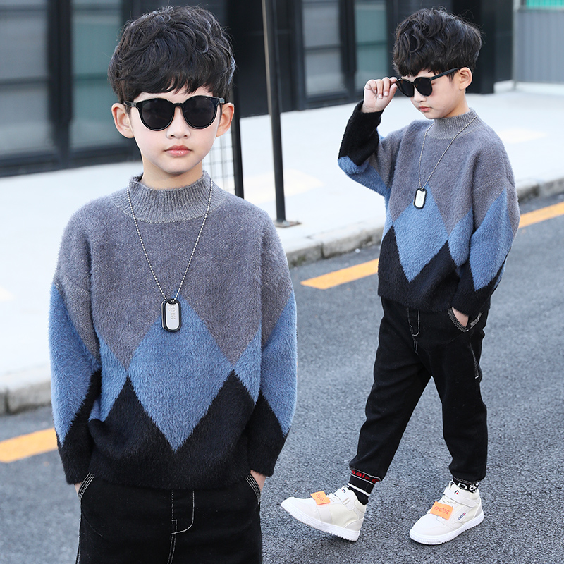 Children's sweater boys' pullover 2021 new model in the big boy plus plus plus plus thickened half-height collar mink down autumn and winter