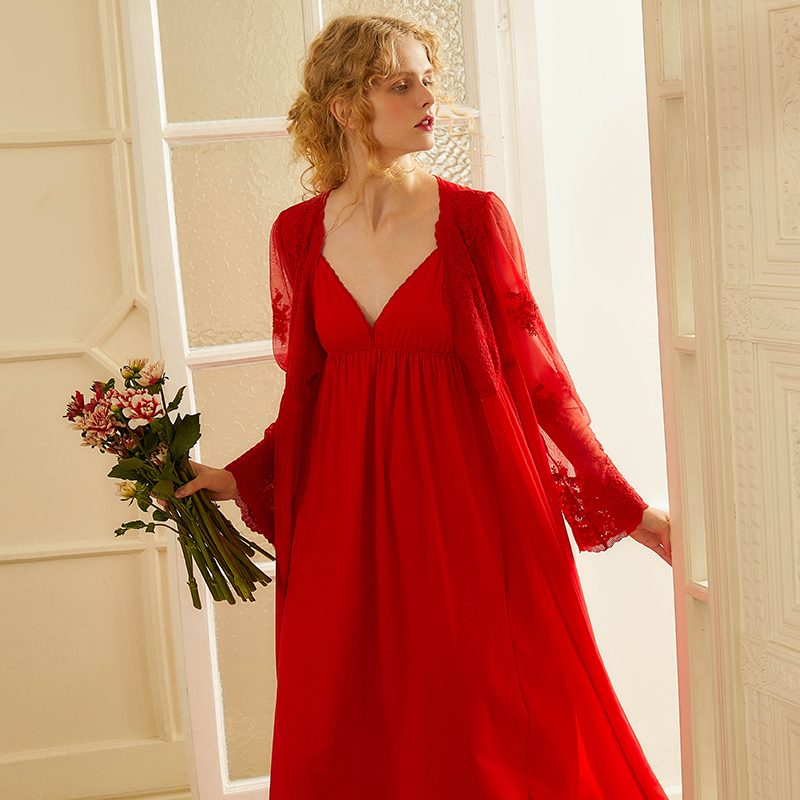 Dust-Hee Original Bride Morning Gown Sexy Lace Sleeping Dress Two Sets Long Sleeve Large Red Bestie Pyjamas Palate Clothing Home For Women's Autumn