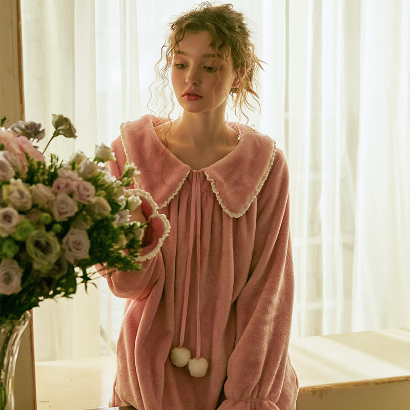 Dust-Hee Original Pajamas Autumn Winter Cute Woman Flannel Velvet Long Sleeve Home Sweetness Princess Long Dress Coral Suede Sleeping Dress