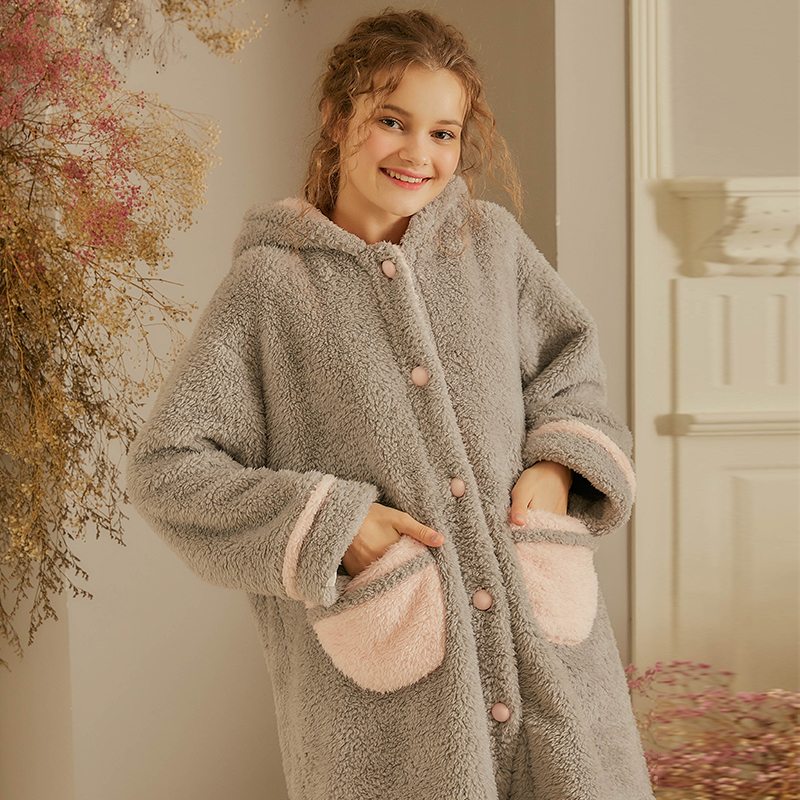 Dust-Hee Original Winter Cute Sweet And Long Version Pyjamas Pants Sets Home sleeping robe thicken Loose Coral Suede Female style