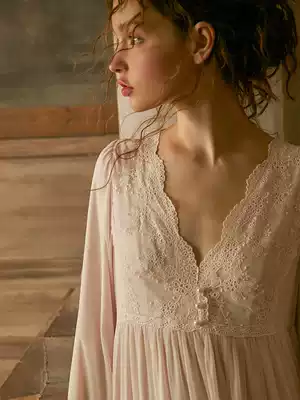 Chenxi original autumn retro palace sexy lace V-neck nightgown female mesh modal long sleeve pajamas home clothes