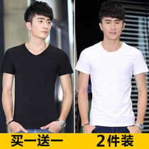 2pcs) T-shirt mens short t-sleeve clothes summer slim round V-neck half sleeve tight trend cotton base shirt mens top