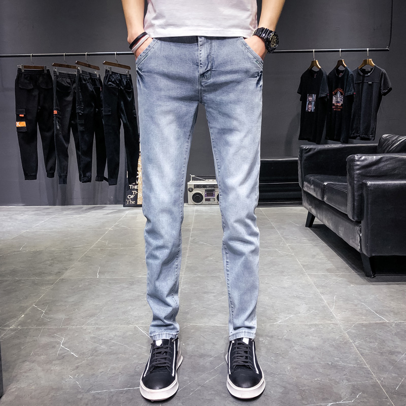 Summer thin jeans men small foot small foot pants young gray elastic leisure boys straight trousers