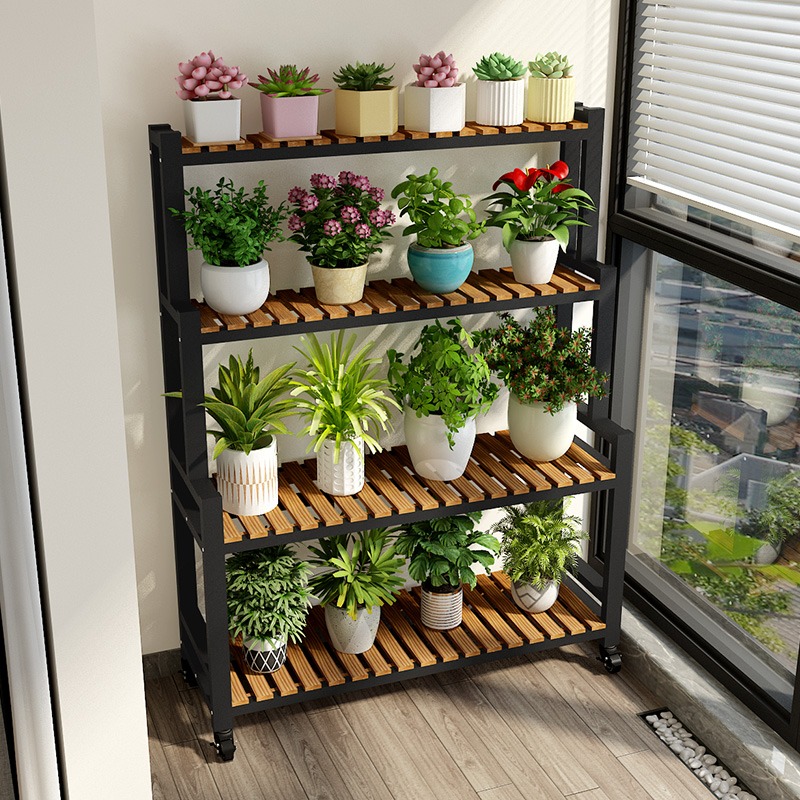 Iron flower rack movable pulley indoor stepped shelf balcony against the wall shelf floor standing