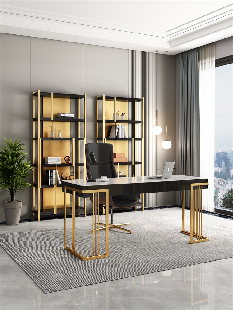 Minimalist desk rock plate postmodern light lavish minimalist style office table and chairs bookcase Stainless Steel Bookcase