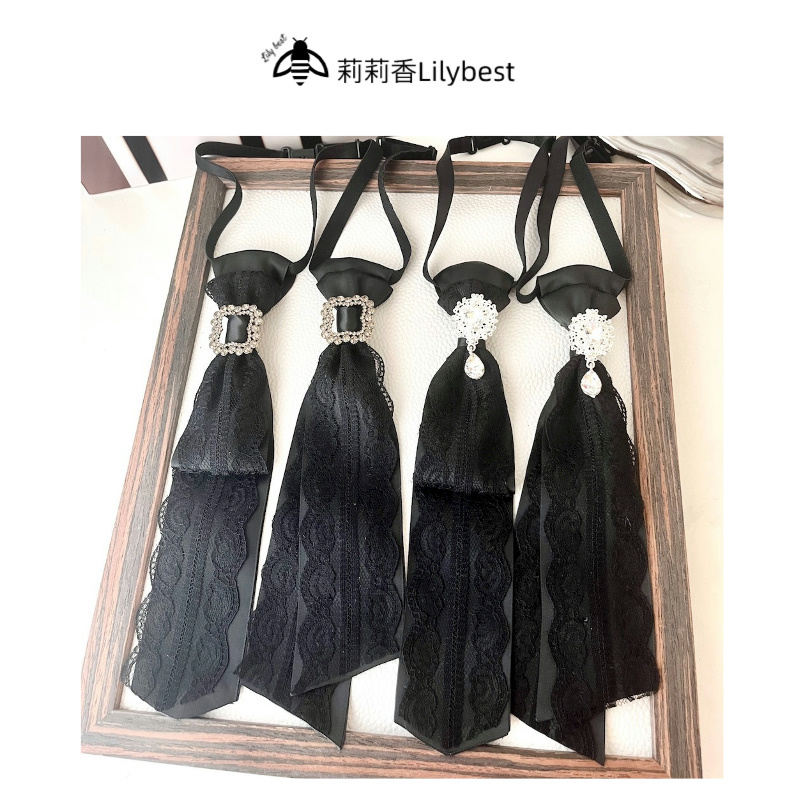 Lace Tie, Rhinestone Shirt Decoration, Dress Neckline Accessory, Black and White Versatile Style with Extension Strap