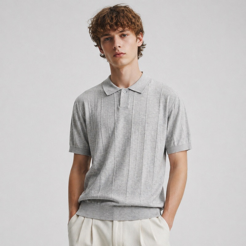 American Retro Vertical Ribbed Knit Polo Shirt for Men, New Casual Versatile Short-Sleeve T-Shirt H-Shark