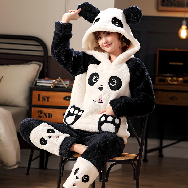 Coral Velvet Pajamas for Women in Autumn and Winter, Warm and Thickeneded, Plush and Cute Panda Flannel Home Clothes Set