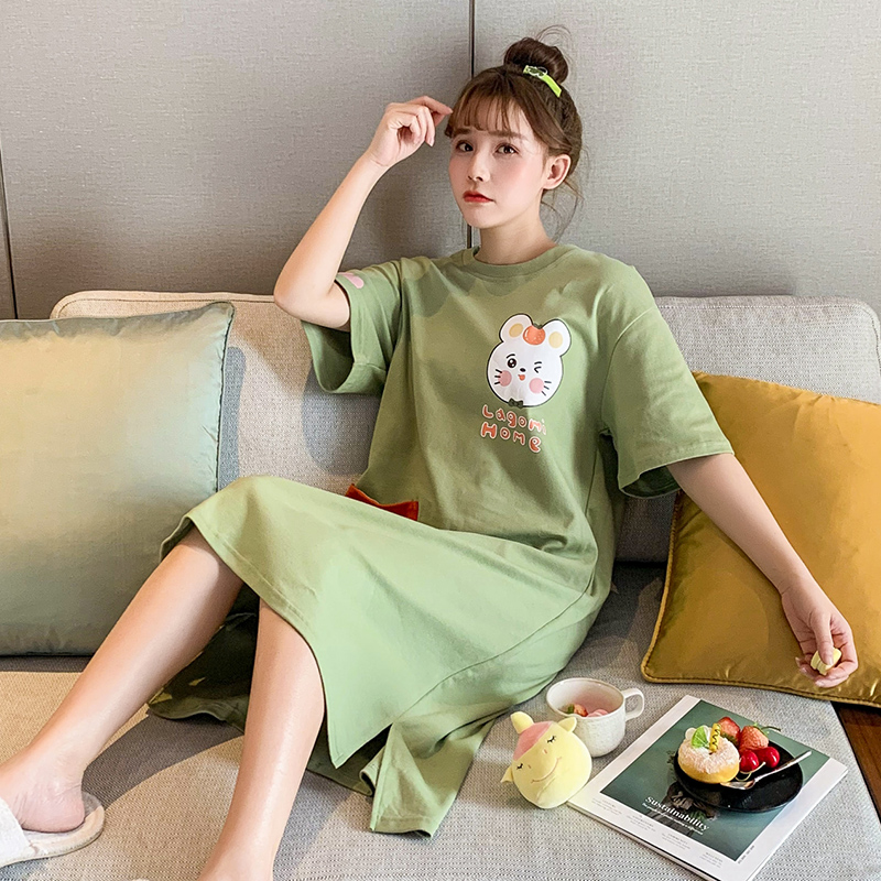 Ngủ váy cô gái đồ ngủ cotton mùa hè womens xuân và mùa thu dài váy phụ nữ có thai mất tay áo ngắn sinh viên dễ thương quần áo cartoon nhà.