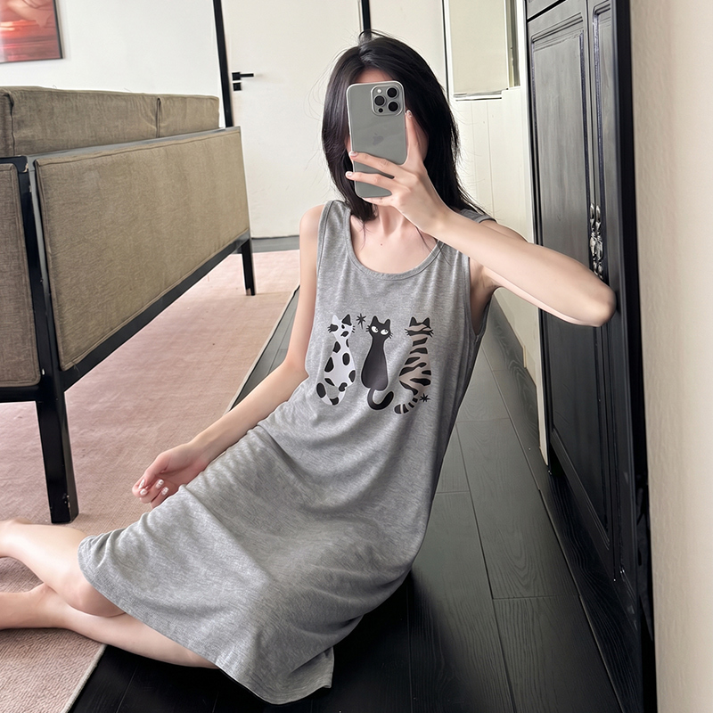 Gray Nightgown for Women 2026 New Summer Camisole Cartoon Pure Cotton Dress Home Wear Pajamas for Students
