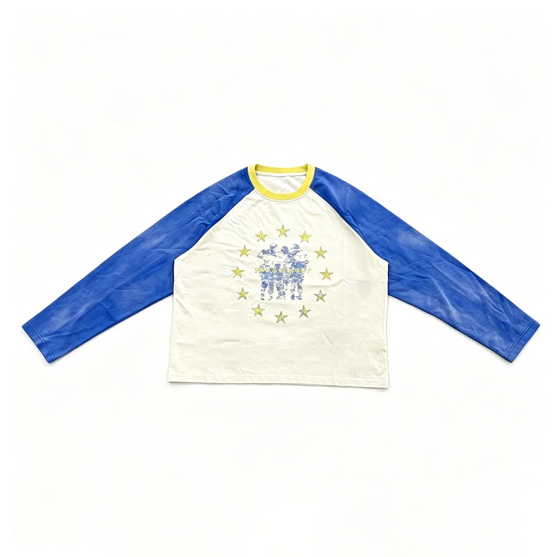 Basic Annals American Retro Star Print Long-Sleeve Color-Blocked T-Shirt Trendy Short Wide Boxy Style