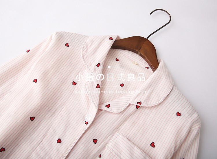 Mùa xuân và mùa thu cotton đôi gạc đồ ngủ nữ Dễ thương áo len cotton cotton tay áo dài tay áo ve áo bộ đồ ngủ lông cừu nữ 