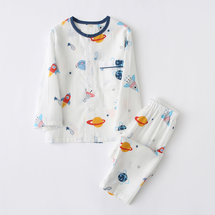 Spring and Summer Cotton Gauze Boys' Long-Sleeved Pajamas Set for Kidsren, Boys, Middle and Large Kidsren, Pure Cotton Spring & Fall Cartoon Home Clothes