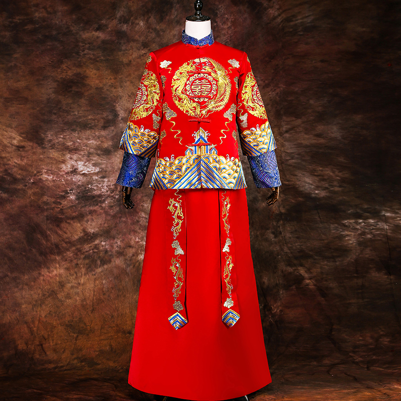Xiuhe clothing Men's groom Chinese dress costume robe Men's wedding toast clothing Men's dragon and Phoenix hanging show kimono
