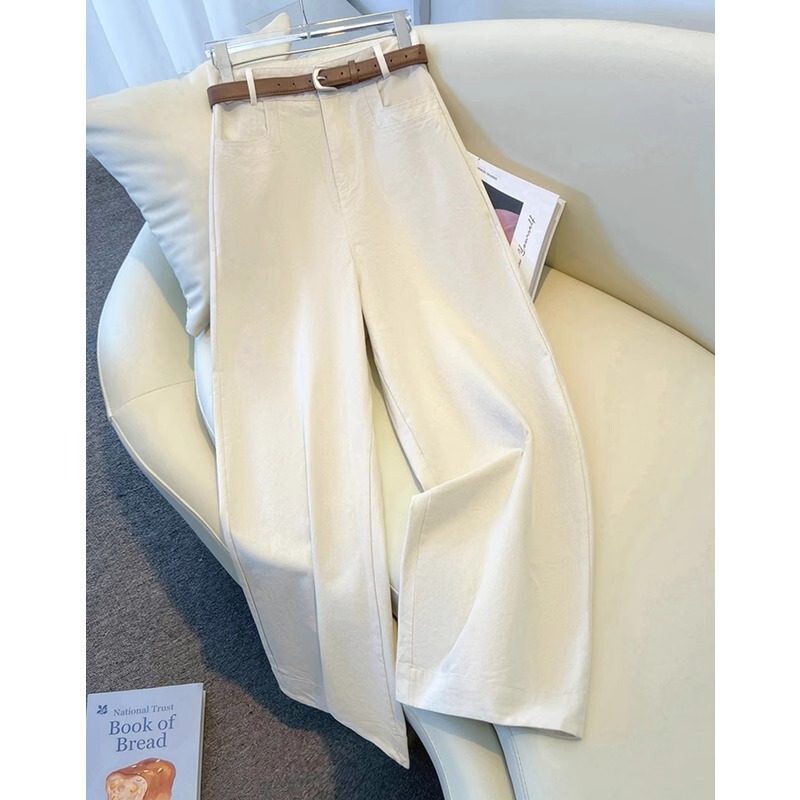 La Chapelle White Denim Wide-Leg Women's Pants, Autumn 2026 New High-Waisted Cropped Pants, Drapey Slim-Fit Straight-Leg Pants