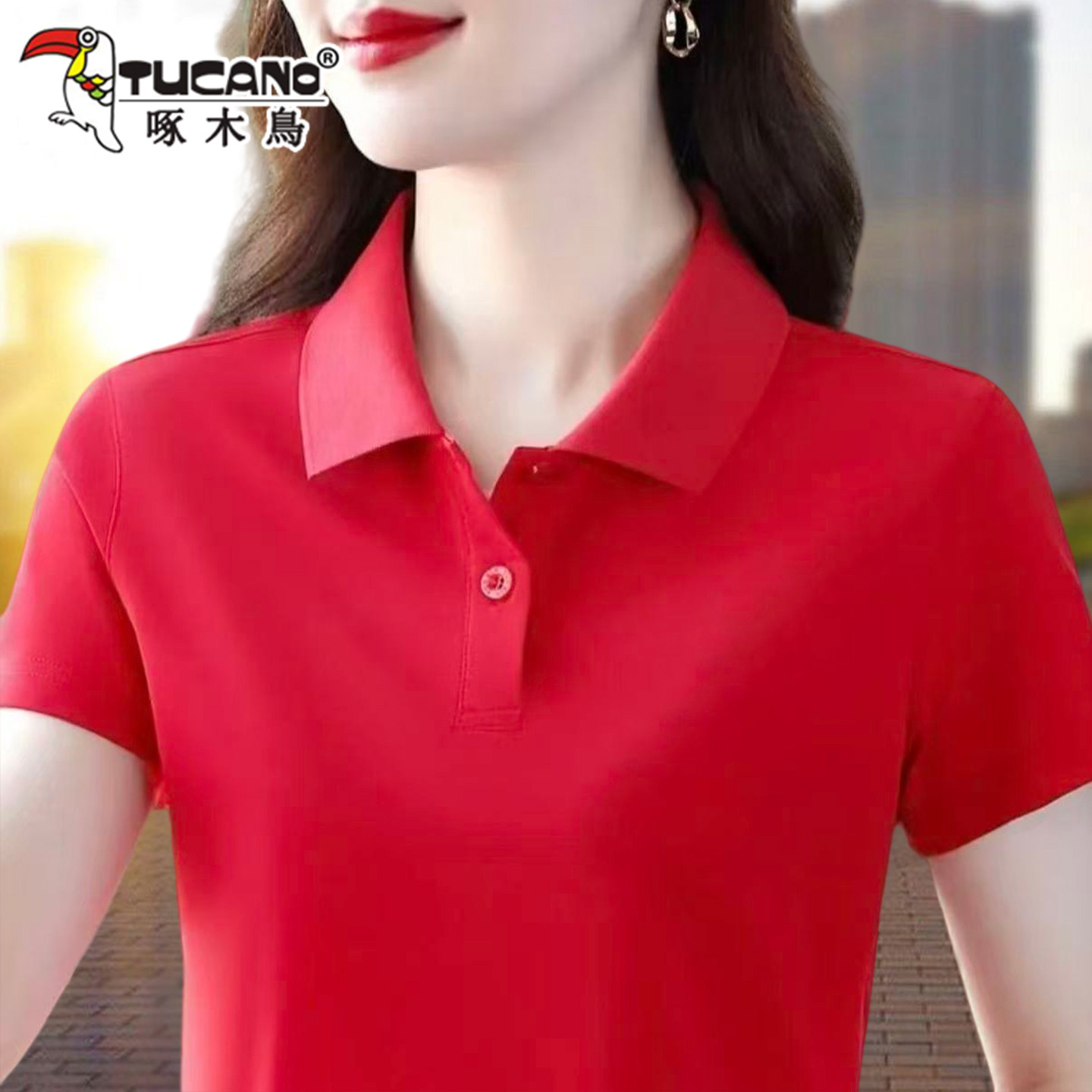 啄木鸟翻领纯棉短袖t恤女夏季2026年新款纯色POLO衫休闲运动上衣
