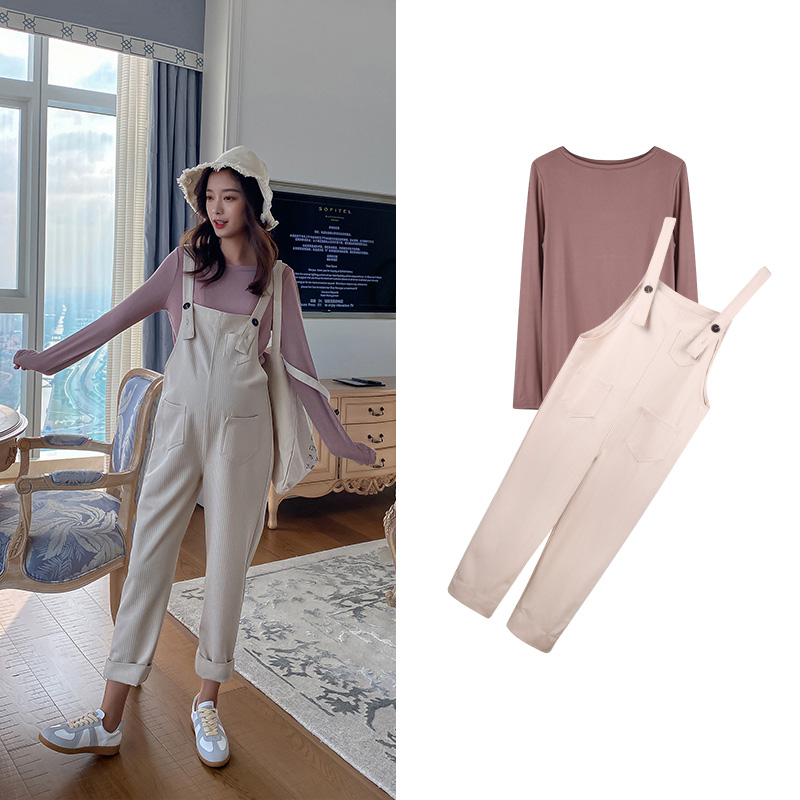 Maternity suit out of fashion early Autumn temperament base shirt loose straight tube bib pants two-piece set of foreign style tide