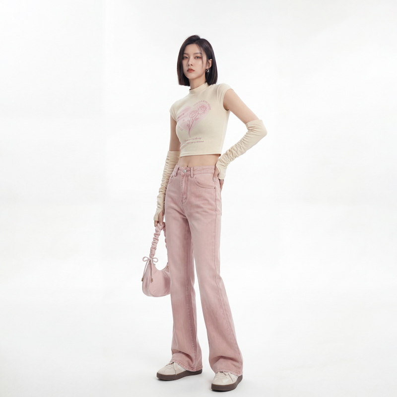 Pink Non-Tight Flared Jeans for Women, 2026 Summer New Style, High-Waisted, Slim-Fit, Flattering for Petite Figures