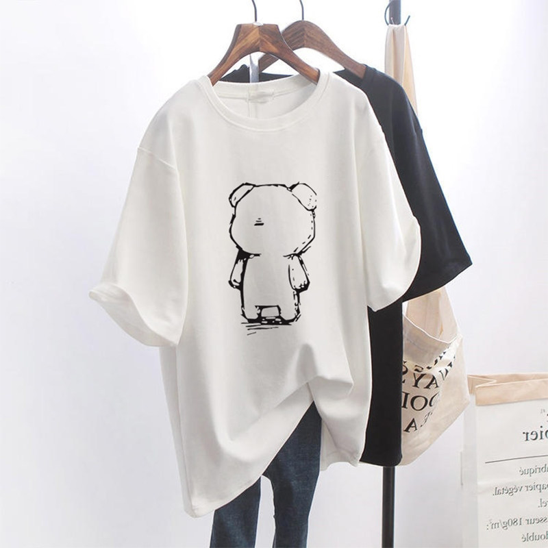 Anti-seasonal clearance Korean version of casual women loose size medium long model 100% cotton T-shirt short sleeves white T long sleeves look thin and versatile